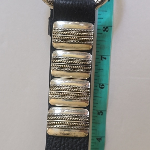 Chico's Womens Black leather Belt Silver Square Pieces Hook loop Closure Sz.42 - Picture 14 of 16